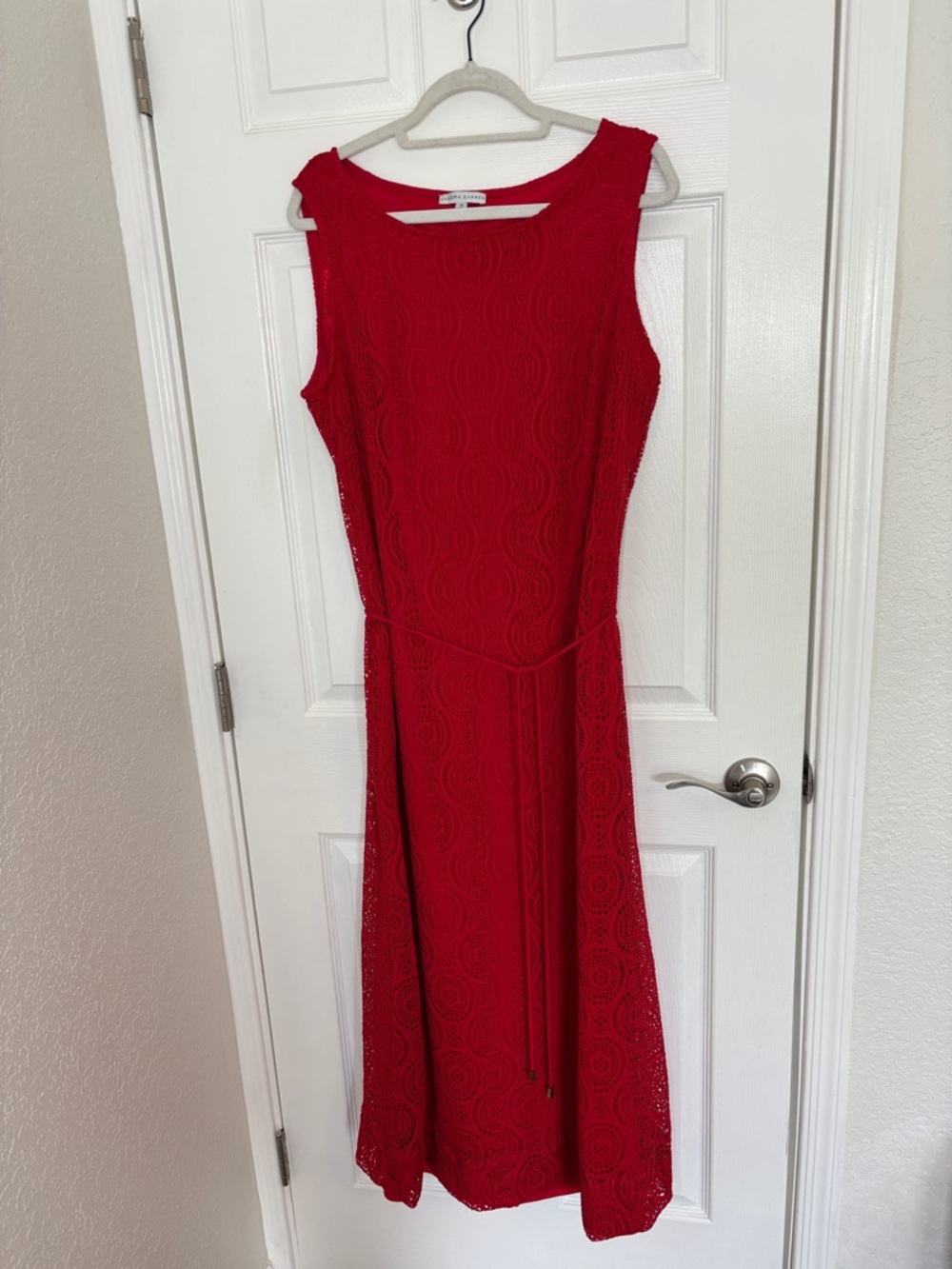 Women's SANDRA DARREN Red Sleeveless Lace-Texture Midi Dress w/Tie Belt Size 14